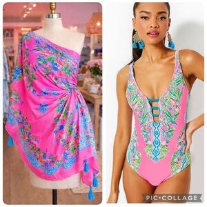 Lilly Pulitzer Jaspen One-Piece Swimsuit Size 4 & Pareo Set in Havana Pink NEW